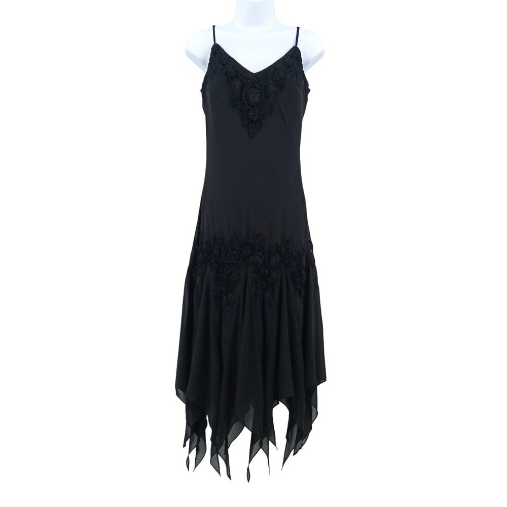 Vintage Cachet Y2K Black Handkerchief Hem Midi Dress Crochet Details Size 12 - Picture 2 of 14